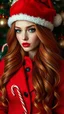 Placeholder: The scene captures the perfect symmetry Naughty Christmas themed. A hyper photorealistic. ethereal goddess. Her shimmering, fair pale skin radiates . Her hair flows like silky red, gold and green. Red jacket. Hat. Bells. Candy canes. Tree. Decorations.