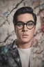 Placeholder: Elvis Presley, Lucy Hale Hybrid, thick, black framed, dark tinted, cat-eye eyeglasses, 4k UHD, photorealistic, bright, extremely colorful, multicolored, foggy, gradated marble wall background, extremely detailed skin texture,