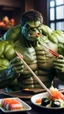 Placeholder: a hulk eating sushi with chopsticks, photo, 8K UHD, police