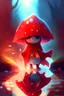 Placeholder: cute red magical mushroom , red cape, dagger, happy smile walking in the vilage , day , shiny , glow , reflection , water