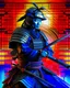 Placeholder: Create an image that is more interesting and cool, featuring a warrior katana in traditional japanese attire with modern or futuristic elements, set against a vibrant and detailed background that blends cultural motifs with imaginative designs