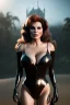 Placeholder: Raquel Welch as evil queen in black leather gown, angry, busty, curvey, cleavage, unreal 5, octane render, cinema4d, dynamic lighting, dramatic lighting, 4k, redshift render, highly detailed, hyper realistic