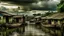 Placeholder: A serene yet slightly ominous scene of a floating shanty town on a tranquil lake. The wooden houses are connected by narrow, rickety bridges, providing a precarious living situation. The surrounding sky is filled with dark clouds, threatening rain and storms. Amidst the houses, small fishing boats navigate the waters, while fishermen cast their nets amongst the trees and aquatic plants. The overall atmosphere is a mixture of tranquility and looming danger.