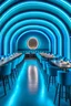 Placeholder: A restaurant whose outer walls are oval in shape, the color of the inside is blue, and its floor is light, with a bar table in the middle of the restaurant in the shape of an oval containing 30 chairs