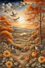 Placeholder: Art by joachim beuckelaer, Watercolor Vintage Style, vintage, full sunset, an ultra hd detailed painting of autumn, full moon, golden clouds, birds at the sky, decent wildflowers, orange and golden clouds, "art style that combines the elegance of line art with the vibrancy of watercolor wash. The artwork is highly detailed, with sharp focus and smooth transitions. The overall feeling is dynamic and highly polished, influenced by the works of Carne Griffiths, Wadim Kashim, an