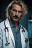 Placeholder: Mid-thirties, Caucasian male doctor, creepy smile, messy blonde hair, light-colored thick mustache, pale blue eyes, broad shoulders, muscular, six foot, Hawaiian shirt under white lab coat, bloodstains at the edges of the lab coat. Strong Jaw line, in a dark, shadowy room with tendrils of black reaching around him. photo realistic