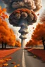 Placeholder: foreground with many falling leaves, behind is a nuclear explosion's mushroom cloud that looks more like a tree in fall, with explosion radiating outward, many leaves falling in foreground, ground is dirt and scorched with a road coming down the middle towards viewer, angelic fantastic lighting