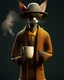 Placeholder: Cool Dude. slender sophisticated Oriental shorthair Siamese chocolate point cat cat standing upright on two legs wears a chunky mustard knit cardigan, patterned trousers and a wide-brimmed felt hat, cradling a steaming ceramic mug in one paw with supreme nonchalance. Exaggerated long whiskers and circular dark sunglasses complete the effortlessly cool ensemble. Full-body photorealistic 3D character render against a moody warm-grey studio background with dramatic side light