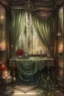 Placeholder: english watercolor, witch's boudoir, mirror, curtains, cobweb, filigree, dried flowers, textiles, candle, magical lighting effect, fairy tale illustration, fine drawing of details with colored pencils, grunge, high resolution, high detail, dark fantasy, dark botanical, beautiful, ISO 100, pixel graphics, hdr, emerald colors, beige, red, deep blue, umbra, grey, dusty rose, gold