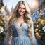 Placeholder: (best quality, 4k, 8k, highres, masterpiece:1.2), ultra-detailed, (realistic, photorealistic, photo-realistic:1.37),hyper realistic, full body gorgeous smiling 1woman,long hair,looking at viewer,realistic proportions,blue eyes,hair ornament,transparent lace dress,very long hair,flower,blonde hair,parted lips,necklace,white dress,blonde hair,lips,joyful pastel background,freckles,realistic,head wreath, pink flower,realistic portrait, dreamy fantasy landscape countryside,great pespective,crystal