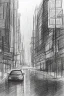 Placeholder: Pencil sketch of A car stops on an empty street, a traffic light, It's raining hard, night , houses on the side ، on lined paper