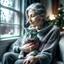 Placeholder: create a sleeping grey haired middle aged woman with chin length hair, sitting on a chair, in front of a window, holding her beloved gray and white tabby Oriental shorthair cat, also sleeping, in her arms. Serene peaceful calm. the snow falling outside