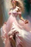 Placeholder: Spring goddess, Portrait of a full visible figure beautiful blond woman wearing a vaporous soft pink tulle dress, fully visible slender legs, beautiful face elegant extremely detailed intricate very attractive beautiful crisp quality Michelangelo Daniel Gerhartz