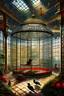 Placeholder: I need to create a fantasy, chinese style, non-realistic illustration, expressing the theme of freedom. The picture adopts a bird's-eye view. The main subject of the picture is a huge birdcage, and in the cage is a scene of a luxurious banquet. Outside the cage are scenes such as dilapidated beams. In the upper part of the painting, outside the cage, a sheet of feathers falls in the sacred overhead light
