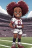 Placeholder: A sassy thick-lined comic book art cartoon image of a black chibi girl standing in front of a football stadium. She is wearing a University of South Carolina football jersey with tight white jeans and timberland boots. behind her curvy body. Looking up coyly, she grins widely, showing sharp teeth. Her poofy hair forms a mane framing her confident, regal expression. Prominent maekup with hazel eyes. Hair is highly detailed.