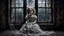 Placeholder: an old, dirty, worn (porcelain doll sitting in a beautiful lace dress) in a broken, dirty window, spiderweb, abandoned old room, dark surreal atmosphere, dull lights, dark colors sinister , surrealism, matte background