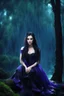 Placeholder: super beauty girl, (amy lee face) good body, blue eyes, black and blue long haired, hair claw clips, black and purple dress, under the rain, wet makeover, intense look, intrincate dretails, hd resolution picture, front view, dark forest background.