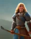 Placeholder: strong medieval warrior with short blond hair, blue eyes and wide warm smile with an axe with green and brown clothes