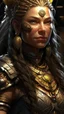 Placeholder: female kalashtar from dungeons and dragons, barbarian class from dungeons and dragons, long and dark hair bound in intricate braids adorned with small feathers and beads, bronzed skin, amber eyes flecked with silver, armor adorned with trophies and tokens such as furs, bones, feathers, and intricate tattoos, realistic, digital art, high resolution, strong lighting