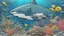 Placeholder: comic style, realistic coloring, underwater, coral reef, shark
