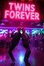Placeholder: An "Identical twins" performing at dance club, theyre name is "Martin and Mercurius" Happy and celebrity look, , Neon lights and smog, "TWINS FOREVER" big sign on the wall