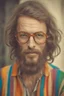 Placeholder: Hippie bohemian young ugly man with Parisian bohemian look and glasses of colours and poor and short short short and poor hair on the head with receding hairline. Farsightedness glasses with big eyes. Long beard. Vintage look and feel like photo styleof the 70s