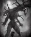 Placeholder: A humanoid figure monster full body shot zoomed out focus 8K horror frightening with antlers, highly detailed digital art, sharp focus, trending on art stations Kentaro Miura manga art style artgem pixar