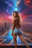 Placeholder: Melinda Farrastits Arebig- full body portrait, head to toe, Photorealistic, hyperrealism, Dazzling, Complex, dramatic, Massive Cleavage, perfect, Athletic, toned body with tanned skin, perfectly formed body, cosmic clouds, neon cityscape, muscle cars, planets, moons, stars, cosmic vortex, bright red, every color in the rainbow, 4k, 8k, 16k, 32k. 100k UHD, ultra hyper resolution, extremely detailed skin texture, hyper-realistic, photorealistic, Realism Engine, EpicPhotoGasm, Realistic Vision V51,