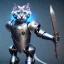 Placeholder: a cat-like robot with blue eyes wearing a medieval armor, high detail, photo, 8k, ray-tracing