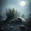 Placeholder: A striking quality photograph captures a wasteland with plants, creepy, details of the dust very accentuated, glossy organic mass, adorned with minerals and rocks. Bathed in intense light, eerie, Max Ernst and Yves Tanguy style, black sun, fog, volumetric light, octane render, cavi e oggetti metallici