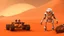 Placeholder: pioneer robot on mars exploring a giant orange mountain during a sandstorm,