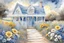 Placeholder: cottagecore, cozy aeaside cottage, blue wooden slats outside, white ornate Victorian trim and white wooden porch, path to the cottage steps made of crushed white shells, cottage surrounded by a richly flowering garden, sand dunes on the horizon, shafzs of yellow sunlight shining through dramatic, blue-gray clouds. Nostalgic, beautiful, watercolor zentangle print.