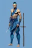 Placeholder: A young male water genasi with deep blue skin color, water shape hair on head. Shaolin monk with long stick weapon, kung fu master, martial art