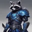 Placeholder: Raccoon monstrosity that is vivid blues in color with solid white eyes and dark grey ruinic armor and arm bands, masterpiece, best quality, in anime portrait art style