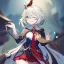 Placeholder: Clear focus, High resolution, short light grey green hair, blue eyes, wearing a genshin uniform, red tie, wearing a skirt, eyes closed, smiling, 1girl, spiky hair, not alot of hair on the side of her head, detailed outfit