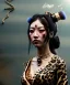 Placeholder: Ultra realistic, steampunk western party scene. Geisha Asian woman with leopard, waist up view, smoke, happy, color fog, people background, highly detailed, concept art, unreal engine 5, god rays, ray tracing, RTX, lumen lighting, ultra detail, volumetric lighting, 3d, finely drawn, high definition, high resolution.