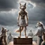 Placeholder: stands on top a wooden box a thin, young sad anthropomorphic wolf in full body hair with autentic wood-bone necklace hanging in his neck and in white belt , front him two older anthropomorphic wolves white Chef's Bib Snap Apron look at him, stormy sky, in blur background more different anthropomorphic wolves stand in body hair and looking them , realistic, detailed, cinematic, sci-fi, digital art, fantasy mood