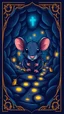 Placeholder: blue and black "Card front, rat portrait, cute,featuring a mystical dungeon design with glowing trails, tiny cartoon rats exploring paths, whimsical fantasy vibe, glowing runes, vibrant and colorful, symmetrical layout, polished illustration style."