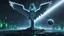 Placeholder: angels with a beautiful face with a wings siting on the monolith made of tiberium crystals of lights, matrix universe, planets on the back grounds, green crystals of tiberium on the life and right