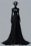 Placeholder: A conceptual fashion illustration of a couture gown inspired by dark surrealism. The dress is made of twisted metal-like threads, cascading textures that resemble melting ink, and a haunting silhouette that evokes mystery and melancholy.