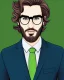 Placeholder: Fit man in round glasses, wavy hair, stubble, slim, tie, monotone, green eyes, comic book style, two tone colours, detailed, ink, realistic, handsome, square jaw, big brows, no jacket, bird on the shoulder, spotlight