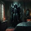 Placeholder: Full length portrait of a chilling shadow demon sneaking into a beautiful woman's bedroom to steal her soul (perfect face, perfect eyes). Integrate Hitchcockian suspense, Giger's nightmarish tones, and employ low-key lighting for spine-tingling eeriness by Peter Mohrbacher