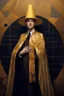Placeholder: beautiful painting of a extremely handsome man in a golden cape and yellow hat, with multiple eyes on his body in the style of Gustav Klimt. full body portrait features geometric shapes, beautiful colors, golden light, and a dark background. the composition is beautiful, with sharp focus and high resolution.