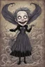 Placeholder: a cartoon illustration of a schizophrenic goth vampire girl , in the cartoon style of Lynda Barry , Ernie Pook's Comeek, , museum quality masterpiece