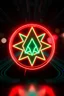 Placeholder: extremely sharp hypnotic suggestive symbol in front of depth of field neon google effect