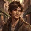 Placeholder: DND lean young male half-elf charlatan short cut brown hair smirk clean face city streets background