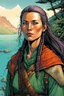 Placeholder: create a full body portrait of a fair skinned female nomadic tribal mercenary with highly detailed, delicate feminine facial features, inhabiting an ethereal Northern forested fjord land of pristine blue waters, in the comic book style of Jean Giraud Moebius, David Hoskins, and Enki Bilal, precisely drawn, boldly inked, with vibrant colors