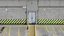 Placeholder: wall design for parking garage, concrete, yellow painted hazard lines, weathering and water stains, in middle is a realistic steel double doors to a stairway, with a sign is above. rough painted hashmarks and parking lines, add signage found in a parking garage.