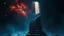 Placeholder: Stairs between heaven and hell, a big vertical spiral staircase made of indefinable material, the end of which cannot be seen, connecting the hellish dark depths with the endless dark blue universe, higg detailed, surreal, dark vibe, cinematic
