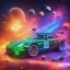 Placeholder: Single extremely detailed car (Centered on image), moving on a silk road through the galaxy, symetrical, HD, 4k, 8k, neon glow, Power colors